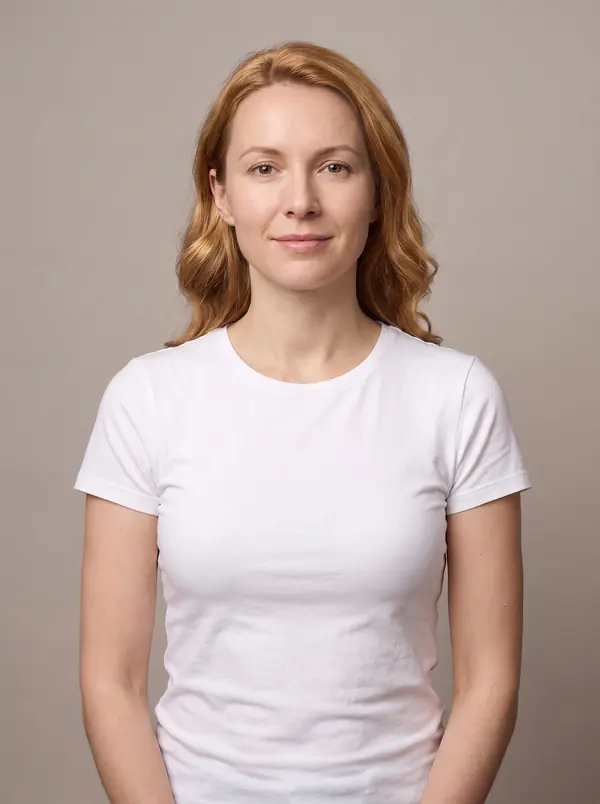 The same woman with golden blonde hair in a white t-shirt