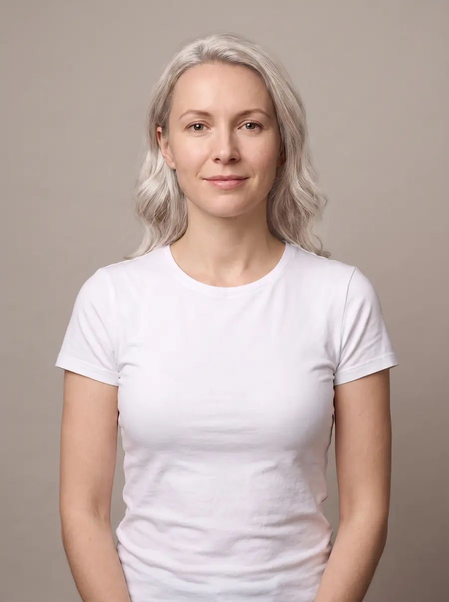 The same woman with platinum blonde hair